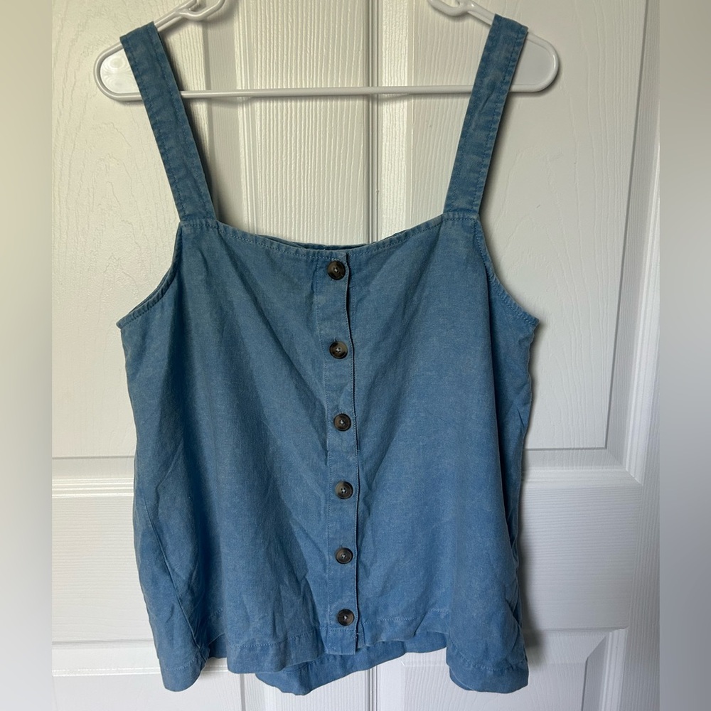 Casa Cabana Linen Blend Button Up Sleeveless Blue Tank Top Size Large NWT